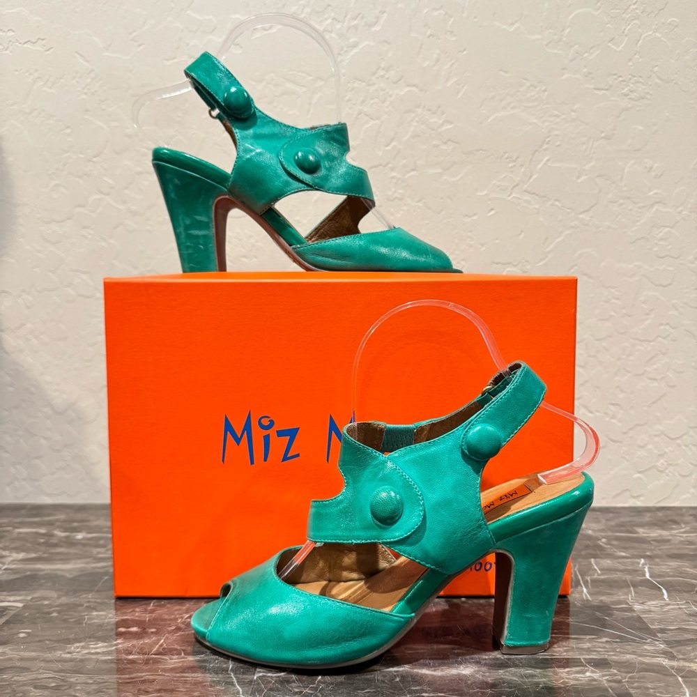 Miz Mooz Sapphire Green Leather Peep Toe Pumps